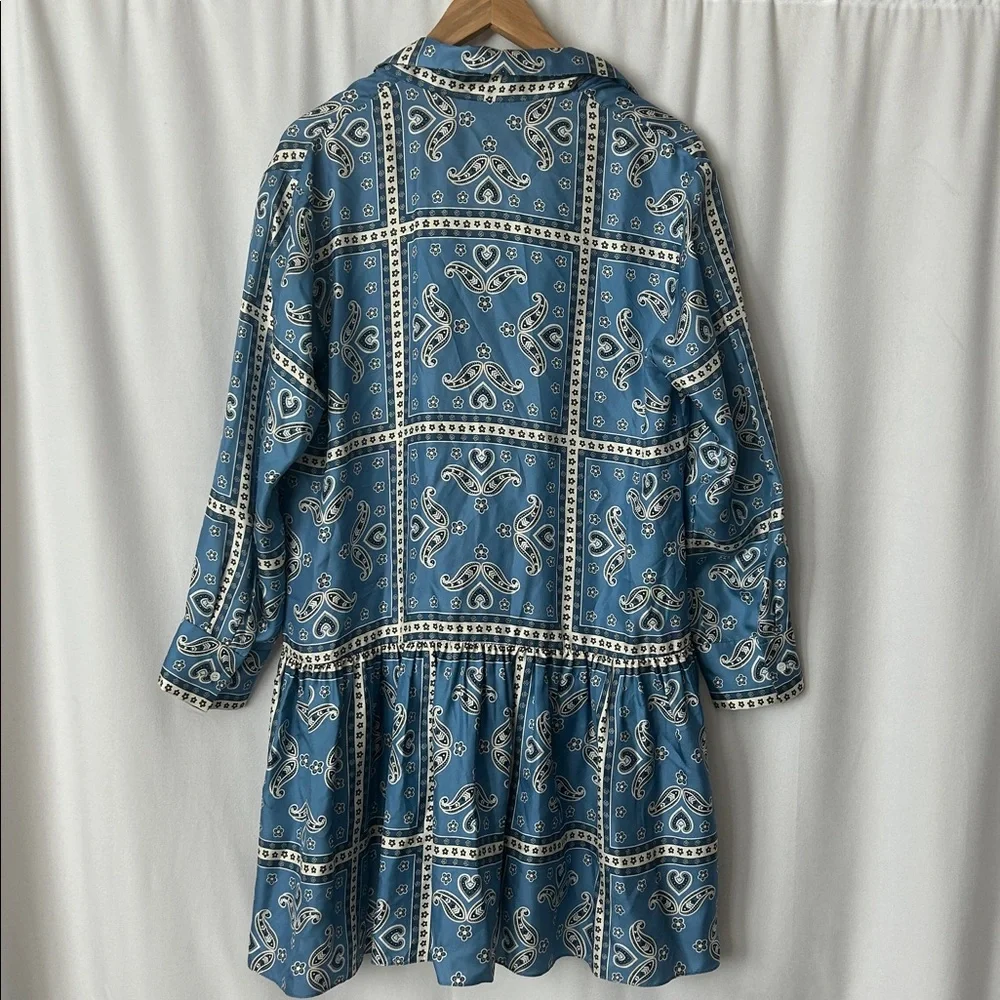 Sandro Blue Paisley Long Sleeve Collared Chloe Silk Mini Dress **Size 40/US 8** - Picture 5 of 12